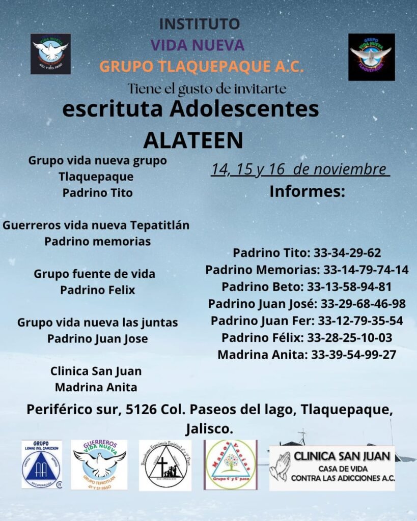 Invitación al evento Escritura Adolescentes ALATEEN del Instituto Vida Nueva Grupo Tlaquepaque A.C.